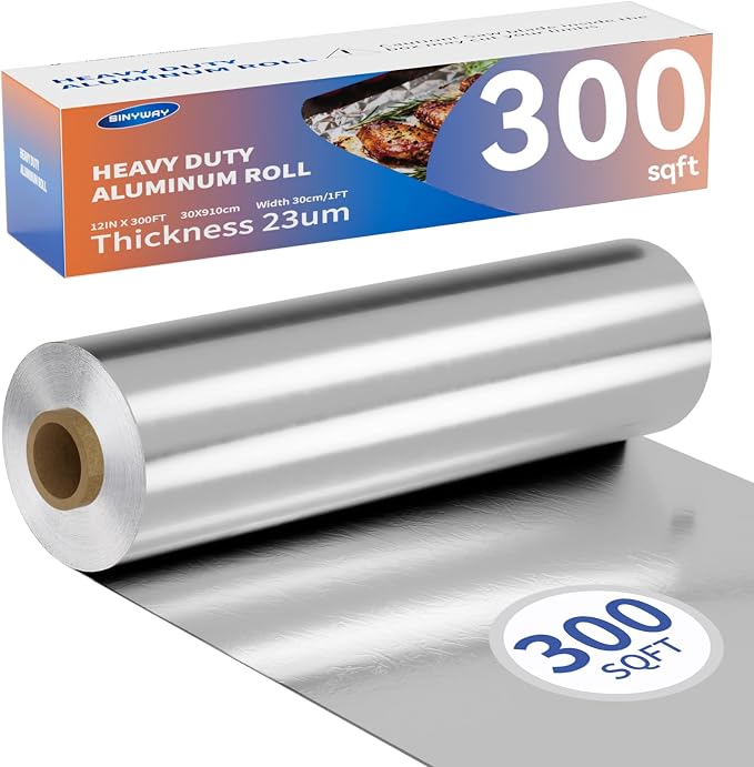 23 Micron Heavy Duty Aluminum Foil Roll 12 In x 300 SqFt, Tin Foil Wrap | by SINYWAY