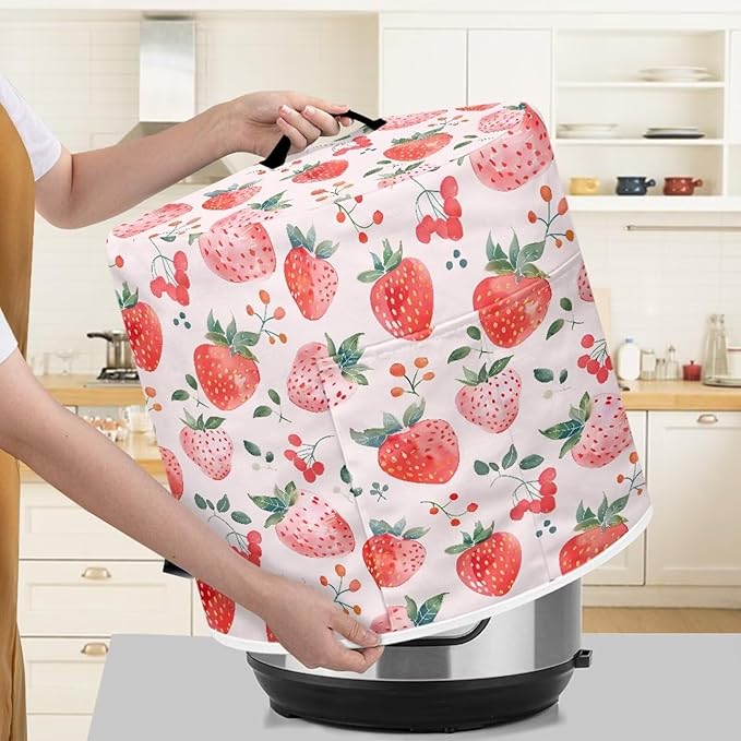 Cute Strawberry Appliance Dust Covers for Instant Pot, Kitchen Appliance Covers, 3 Quart Inner Pot, Waterproof, Polyester Blend, Black Elastic Fabric