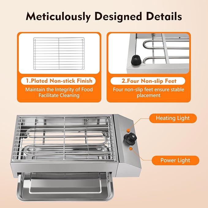 1800W 110V Countertop Electric BBQ Grill, Commercial and Home Use Stainless Steel Barbecue Griddle Adjustable Temperature 122-302℉, Portable Barbecue for Processing Pancakes, Crispy Bacon