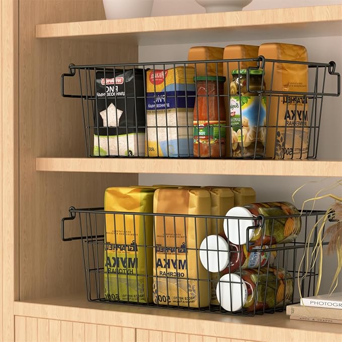 SANNO Freezer Basket Stackable Wire Baskets For Pantry Storage and Organization Pantry Storage Bins With Handles Sturdy Metal Food Baskets Pantry Organized,set of 8,Black