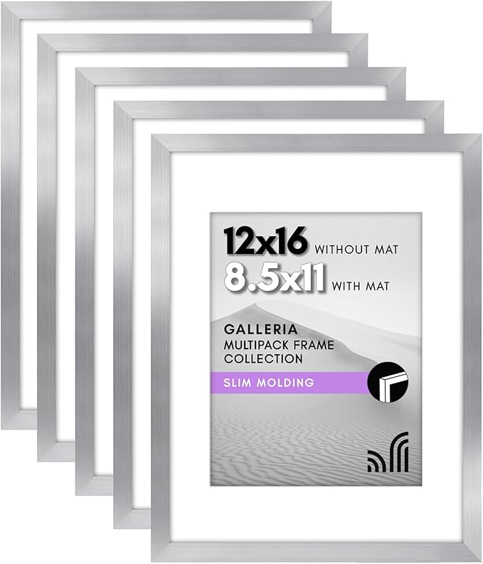 Americanflat 12x16 Picture Frame with Polished Plexiglass - Set of 5 - Use as 8.5x11 Frame with Mat or Display 12x16 Photo Without Mat - Galleria Collection - Picture Frames for Wall Display - Silver