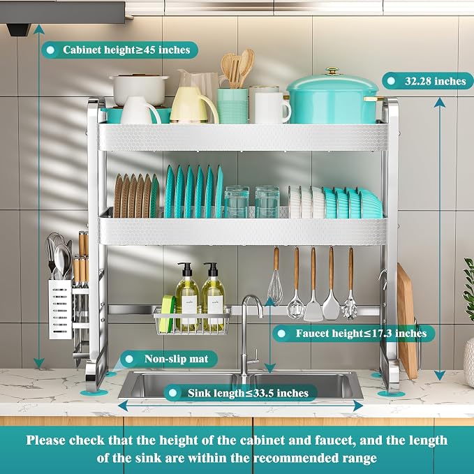 HOWDIA 3-Tier Over The Sink Dish Drying Rack, 304 Stainless Steel | Honeycomb - Image 2