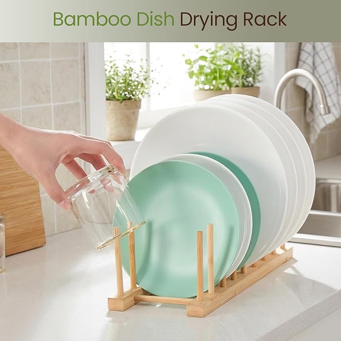 2 Pack Bamboo Wooden Dish Rack-Plate Pot Lid Cutting Board Organizer Holder Rack for Cabinet-Kitchen Cabinet Organizer for Dish, Pots, Lids, Bowls, Bottles, Books, and Puzzle