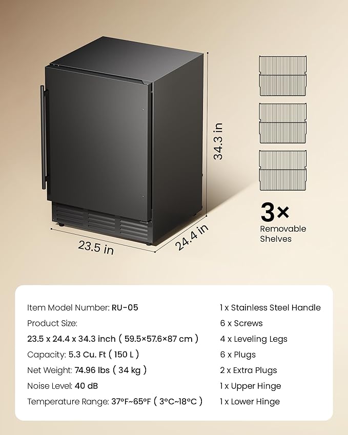 24 Inch Beverage Refrigerator, 180 Can Under Counter Fridge, Stainless Steel Beer Fridge for Built-in & Freestanding, Outdoor Refrigerator for Soda, Beer, Wine (Black)