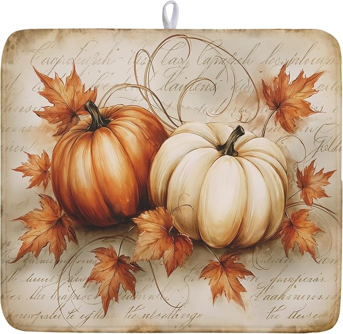 Fall Pumpkin Dish Drying Mat 16X18 Inch Vintage Autumn Drying Mat by Kawani