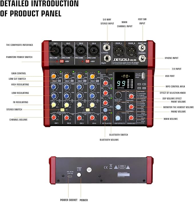 8-Channel Audio Mixer, DJ Mixer, Sound Board Console with 99 DSP Effects, Bluetooth Mixer Input 48V Phantom Power Stereo USB XLR Mixer For Karaoke Studio PC Recording
