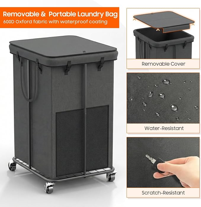 160L Laundry Hamper with Lid & Wheels, Rolling Laundry Basket with Bag - Image 3