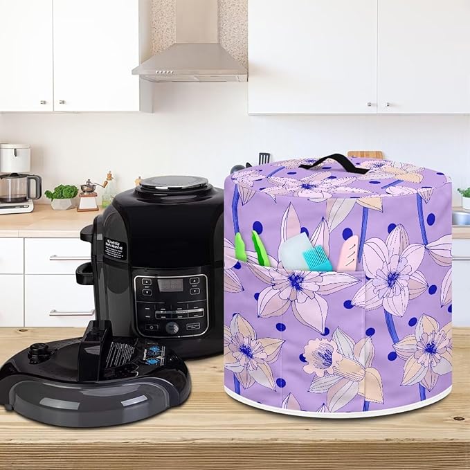 TODIYADDU Purple Flowers Pressure Cooker Cover with Pocket Novelty Air Fryer Cover Dust Cover Insulated Kitchen Appliance Cover Protector for Pressure Cooker Accessories Presents