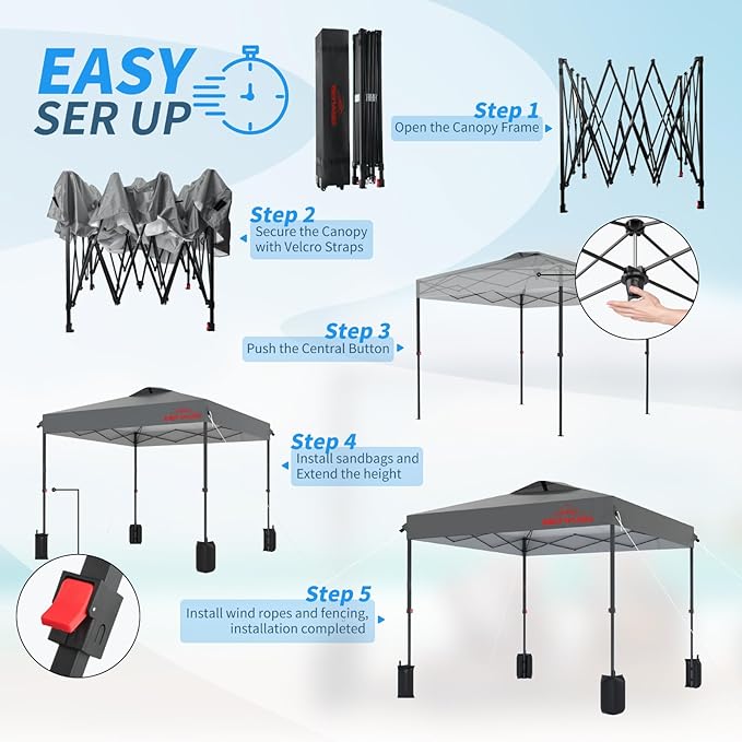 12x12 Pop Up Canopy, Easy Up Canopy Tent, Heavy Duty Tents for Parties, One Person Set Up Event Tent, Light Grey