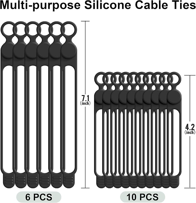 Silicone Cable Ties, Cord Organizer Cable Management, 2Sizes-Black | Reusable - Image 6