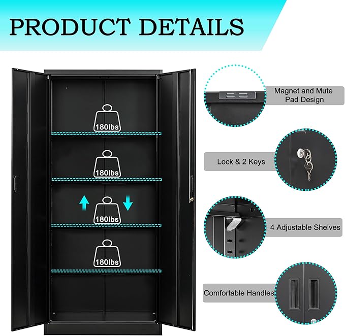 BESFUR Metal Storage Cabinet, 72" H Locking Storage Cabinet with 4 Adjustable Shelves, Metal Cabinets for Garage, Office, Home, School-Black