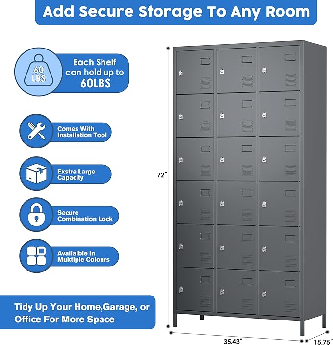 METAN Metal Locker for School Office Gym Bedroom, 18 Doors Steel Storage Locker Cabinet for Employees, Industrial Storage Locker, Assembly Required,Dark Gray