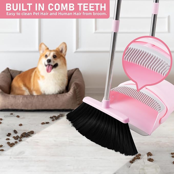 Pink Broom and Dustpan Set for Home, 52-in Long Handle Broom - Image 2