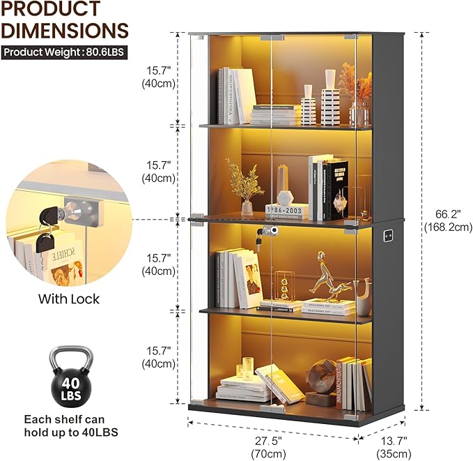 Lvifur Display Cabinet with Glass Doors, 66" Curio Cabinet with Lockable, 4-Tier Bookcase with 3 Color Lights for Collectibles, Storage Cabinets with Human Body for Books, Toys, Black