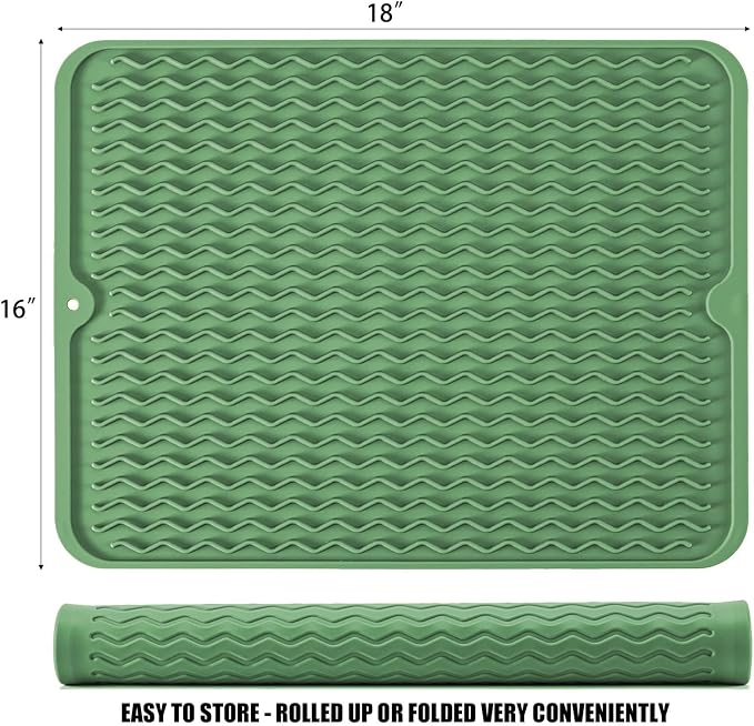 Silicone Dish Drying Mat, Non-Slip Easy Clean Sink Mat, Dark Green, Large - Image 2