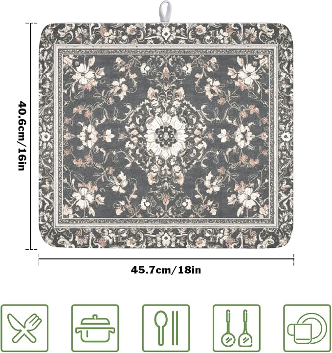 Giwawa Boho Floral Dish Drying Mat Grey Leaves Dishes Drainer Pad 16x18 Inch - Image 2