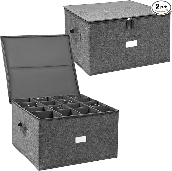 popoly Stemware Storage Cases 2 Pack, Wine Glass Storage Box Containers with Dividers for Glassware or Crystal, Holds 32 Red or White Wine Glasses, Hard Top and Stackable (Grey)