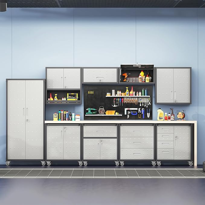 Garage Cabinet Wall Mounted with Doors and Opening Drawer, Heavy Duty Metal Garage Wall Cabinets Hanging Cabinets with Lock Tool Cabinet for Kitchen Warehouse, Assembly Required