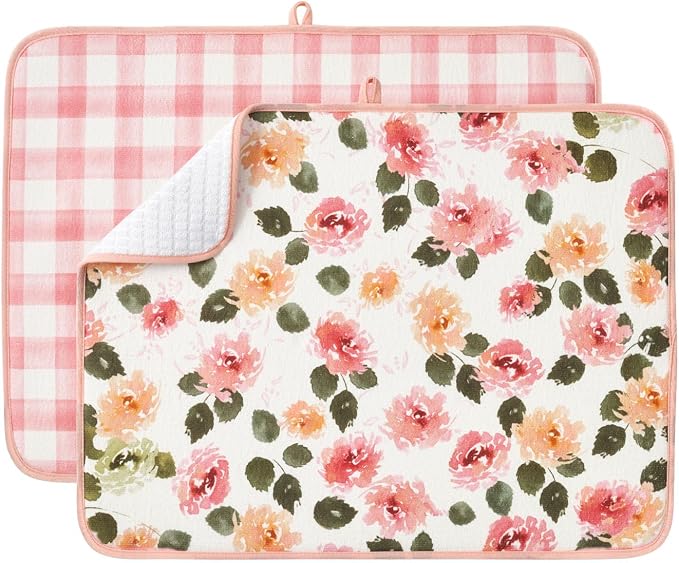 FRESHMINT Dish Drying Mats 2 Pack, Cottage Floral | Quick Dry, Ultra Absorbent by FRESHMINT