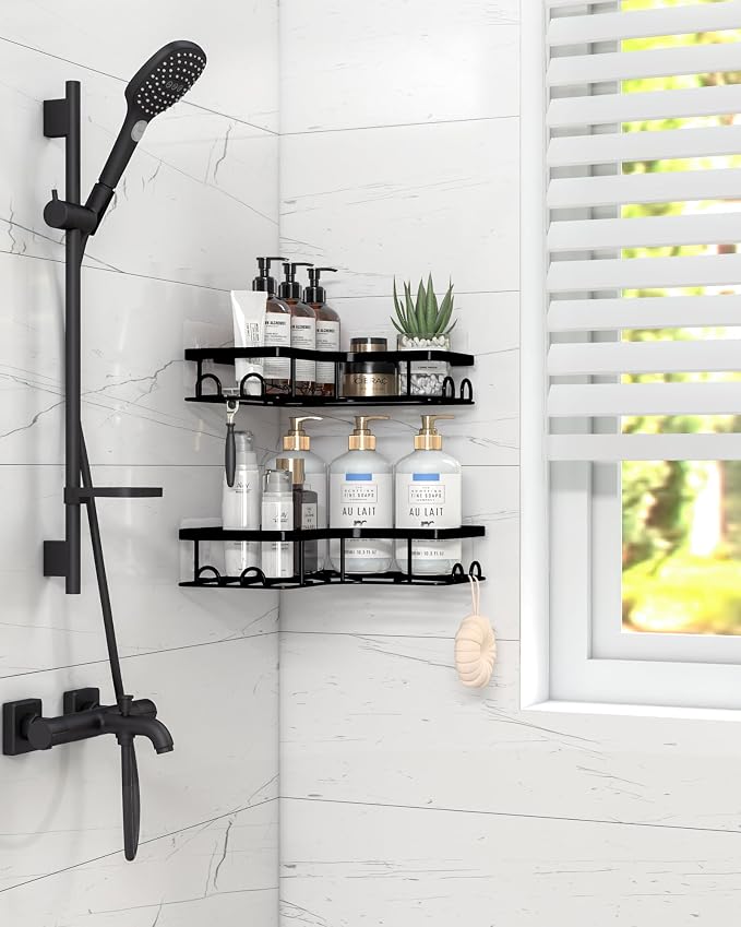 Sakugi Black Corner Shower Caddy Adhesive No Drilling Bathroom Shelves - Image 2