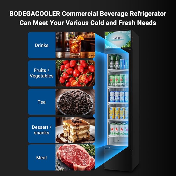 BODEGACOOLER Commercial Merchandiser Refrigerator, Glass Door Commercial Beverage Refrigerator, Beverage Display Cooler with Soft LED Light and Adjustable Shelves, 5.7 Cu. Ft. Single Swing Door, Black