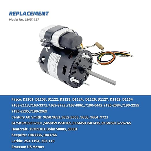 9721, D1127 Refrigeration Fan Motor Replaces Fasco Blower D1101 1126 Century 9650 AO Smith 9656 Bohn 25309101 5008, 1/12HP, 1/15, 1/20HP, 3.3in 1550RPM 115/230V, 60Hz 1.1/0.6A PD1127 EM1127