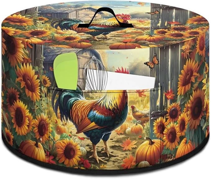 Rooster Sunflower Pumpkin Print Slow Cooker Dust Cover Compatible with 6/7/8 Quart Slow Cooker Dust Proof Electric Slow Cooker Cover with Storage Pocket for Crock Pot Accessories