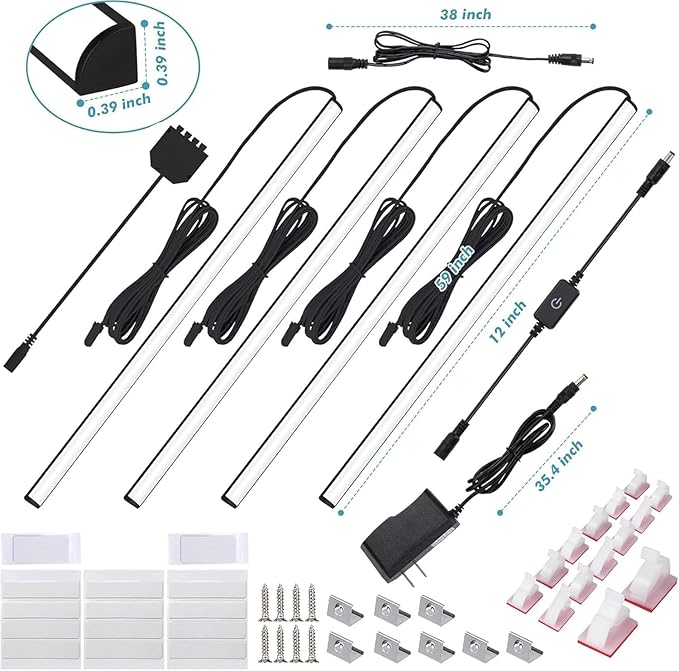 JUSJUBR Black LED Shelf Lights, Display Cabinet Lights with Memory Function, 4 Pack x12 Inch Display Lights for Shelves, LED Lights for Display Cases/Pantry/Closet, Natural White 4000K
