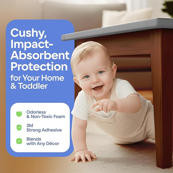 Sharp Edge & 16.2ft Furniture Safety Guards | Protective Foam Cushion | 15ft Bumper 4 Adhesive Childsafe Corners | Baby Child Proofing Foam Set and Safe for Table, Fireplace, Countertop | Gray