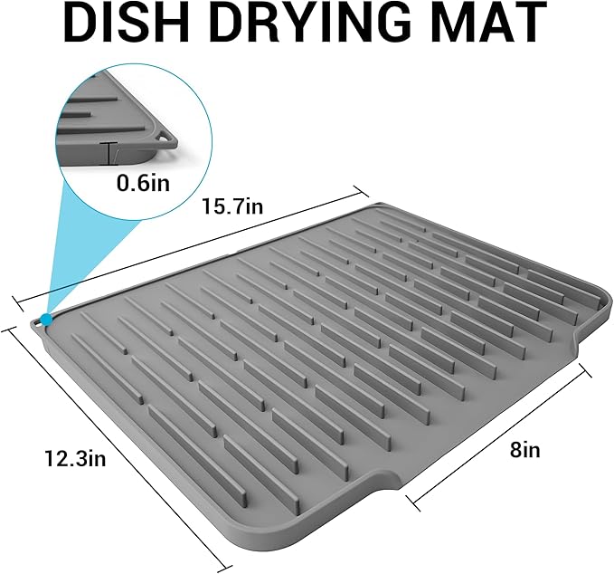 Silicone Dish Drying Mat for Kitchen Counter, Foldable & Heat Resistant Drying Pad with 5° Slope & Wide Drain, 15x12 Inch Non-slip Sink Mat for Bathroom and Countertop.(Dark Grey）