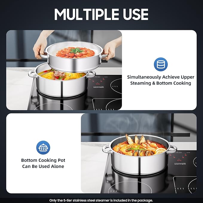 5 Tier Stainless Steel Steamer Cooker, 28cm Steam Pot Kitchen Food Cooking + Glass Lid Meat Vegetable Cooking Steam Pot Kitchen Cookware Food Steamer for Home Kitchen