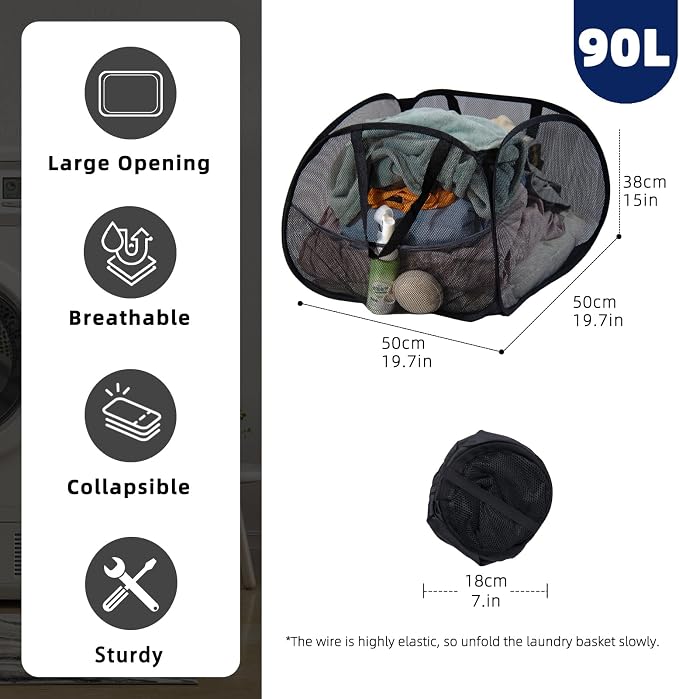 Collapsible Laundry Basket 90L, Mesh Pop-up Hamper, Side Storage Pocket - Image 2