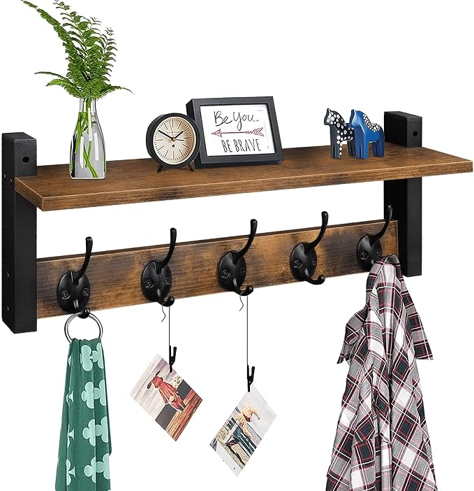 Wall Hooks with Shelf, Wood Coat Rack with Shelf Wall-Mounted, Entryway Hanging by Homode
