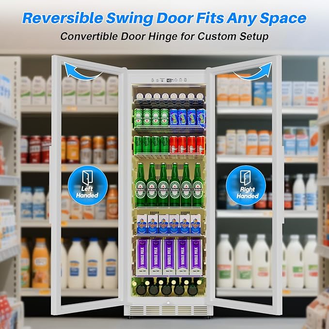 Commercial Display Beverage Fridge: 13.8 Cu Ft Upright Cooler with Glass Door, LED Lighting, Low Noise, and Rapid Cooling for Restaurants, Shops, and Offices (White)