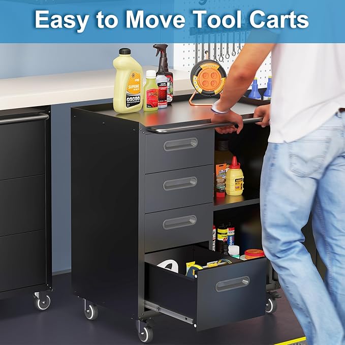 Black Metal Storage Cabinet with Wheels Heavy Duty Steel Rolling Tool Carts for Garage Locking Tool Storage Cabinets with Wheels and Drawers for Kitchen Basement Warehouse, Assembly Required