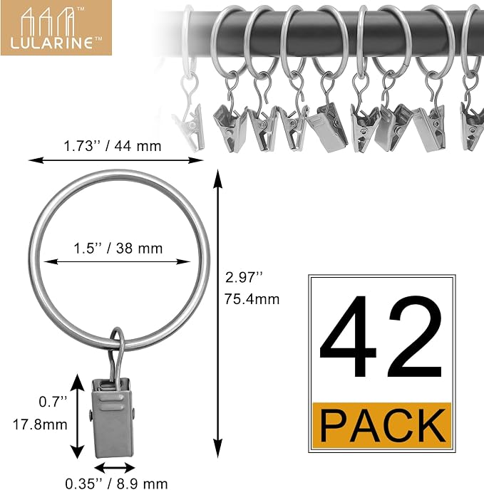 42 Pack Curtain Rings with Clips 1.5" Interior Diameter, Metal Drapery Clips - Image 2