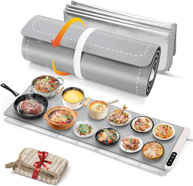 FYY Extra Long Warming Mat for Food with Heat Resistant Pad, Prevent Countertop Cracks, Keep Meal Warm, Rapid and Full Surface Heating, 6 Temp Settings, 6H Timer, Rollable Portable Food Warmer, Grey