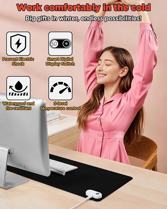 Resen Heated Desk Pad, 31.5x13 Fast Heating Mouse Pad with 5 Temperature Settings, Digital Display, Auto Shut-Off, PVC Leather Surface for Office and Home Use, Energy Efficient & Safe (Black)