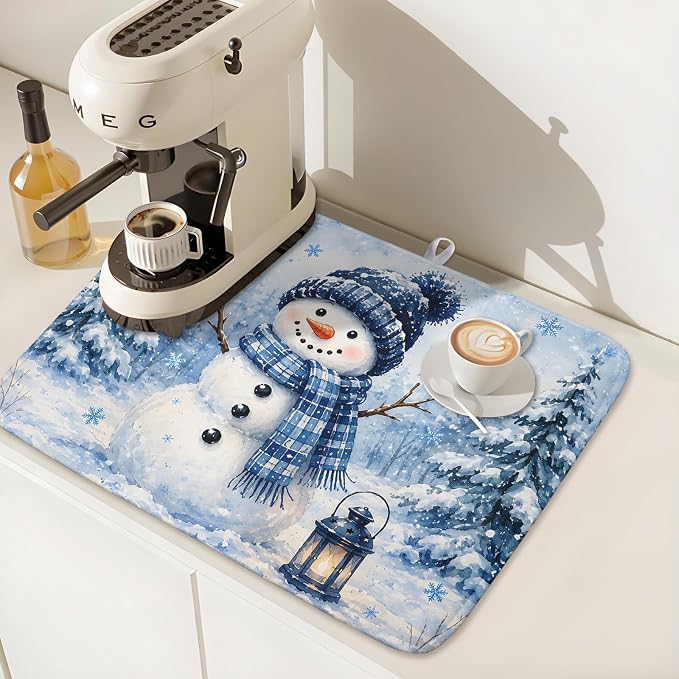 Kawani Winter Snowman Decorations Dish Drying Mat 16x18 Inch | Blue Snowman - Image 7