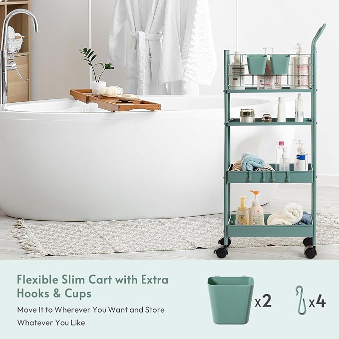 danpinera Rolling Utility Cart with Wheels, 4 Tier 7.7'' Metal Rolling Narrow Storage Cart with Hooks and Hanging Cups on Wheels for Bathroom, Kitchen, Office and Small Spaces, Green