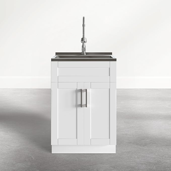 SIMPLIHOME Hennessy All-in-One 24 inch Wide Utility Sink and Laundry Cabinet in Glacier White Finish, Transitional Stainless Steel Sink Cabinet for Laundry Rooms with High-Arch Chrome Faucet