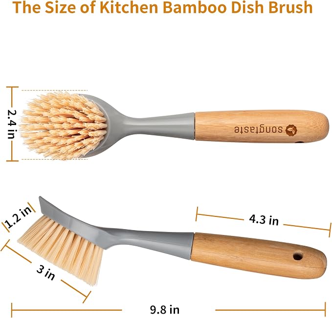 2 Pack Kitchen Dish Brush Bamboo Handle Dish Scrubber Built-in Scraper | Scrub - Image 6