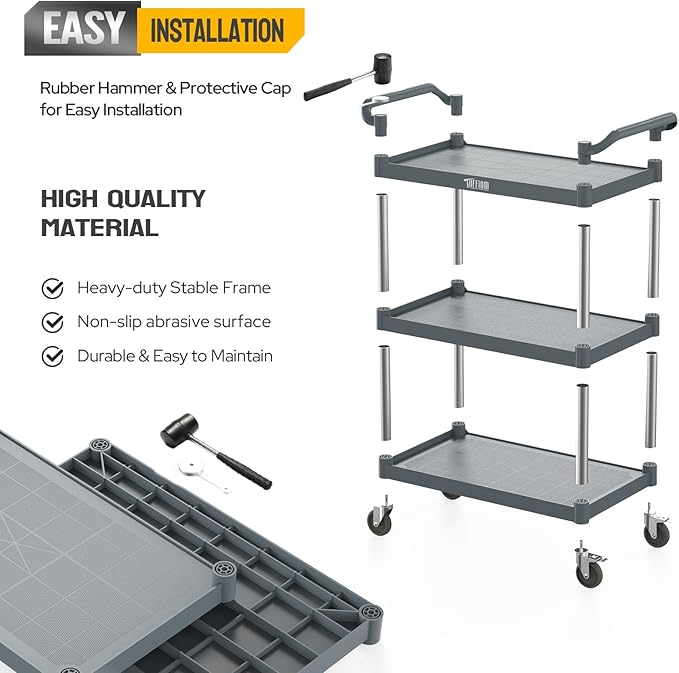 TUFFIOM Plastic Service Utility Cart with Wheels,Heavy Duty 450lbs Capacity, 3-Tier Commercial Rolling, Ideal for Restaurant, Foodservice, Office, Warehouse, Gray 40.4''L x 19.7''W x 38.6''H