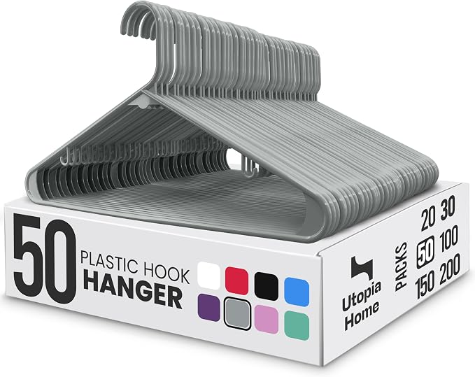 Utopia Home Plastic Hangers 50 Pack – Built-in Strap Hooks Grey | Space saving by UTOPIAHOME