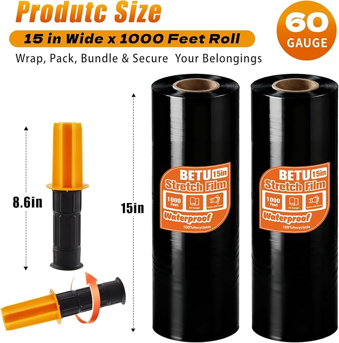 Black Stretch Wrap Shrink Film for Moving Supplies x 1000ft, Industrial - Image 2