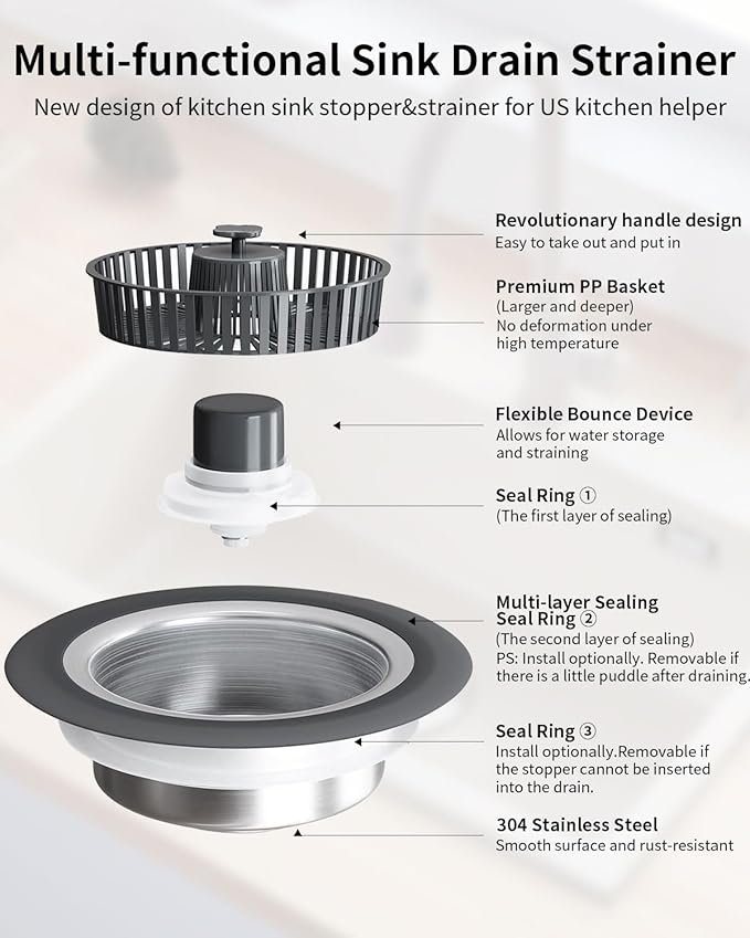 3 in 1 Kitchen Sink Drain Strainer [Premium PP Basket] Anti-Clogging Kitchen Sink Drain Stopper Stainless Steel Efficiently Drainage Odor Filter Sink Plug for Us Standard 3-1/2 Inch