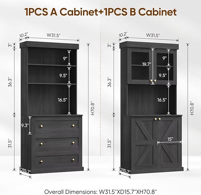 71" Tall Farmhouse Kitchen Pantry, Large Storage Cabinet with Glass Doors and Drawers, Freestanding Coffee Bar Hutch with Microwave Stand, Adjustable Shelves for Kitchen, Living Room, Black 3 Pcs