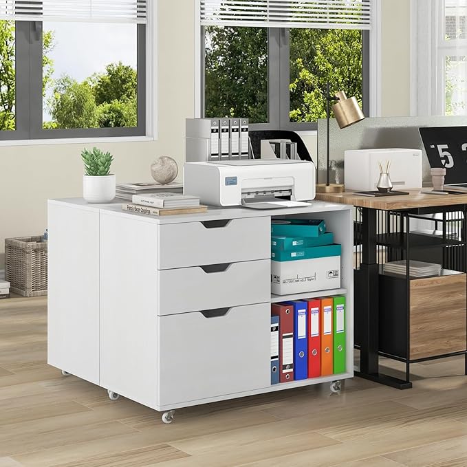 File Cabinet, Mobile Filing Cabinet w/Universal Wheels & 3 Drawers, Wood Printer Stand with Storage, Rolling File Cabinets for Home Office, Living Room, Bedroom (White, 3 Drawers)
