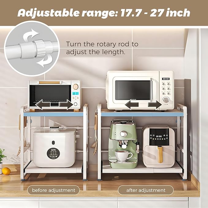 2-Tier Microwave Rack - Height Adjustable & Extendable Kitchen Shelf with Drawer - Carbon Steel - Includes Hooks & Reinforcement Suction Cups - Easy Assembly (White)