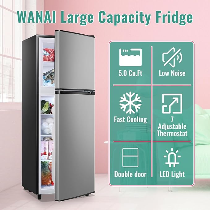 WANAI 5.0 Cu.Ft Fridge with Freezer, Dual Door Refrigerator with 7 Settings Temperature Adjustable, Small Fridge for Office Apartment and Home, Silver